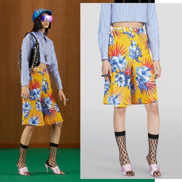 GUCCI CROPPED PANTS HAWAIIAN BERMUDA SHORTS HIBISCUS LEAVES PRINT sz IT 38 US 2